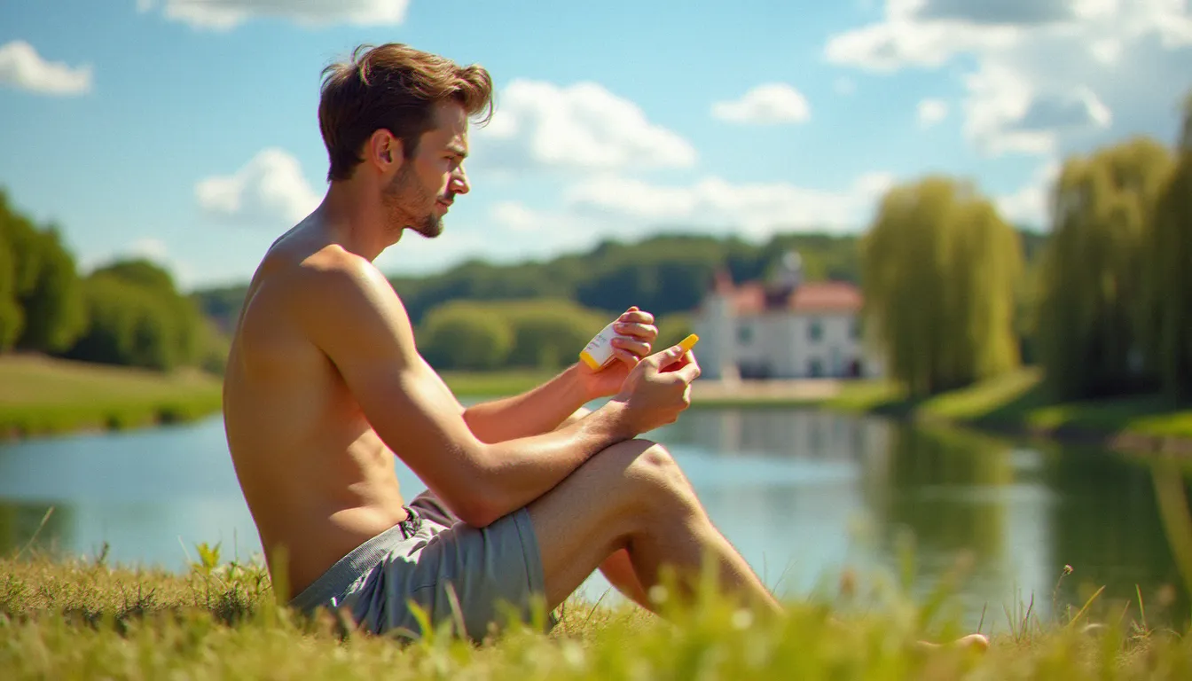 Application du Lancaster Infinite Bronze au bord de l'Allier à Vichy, un homme profitant du soleil d'été en prenant soin de sa peau avec une crème solaire premium