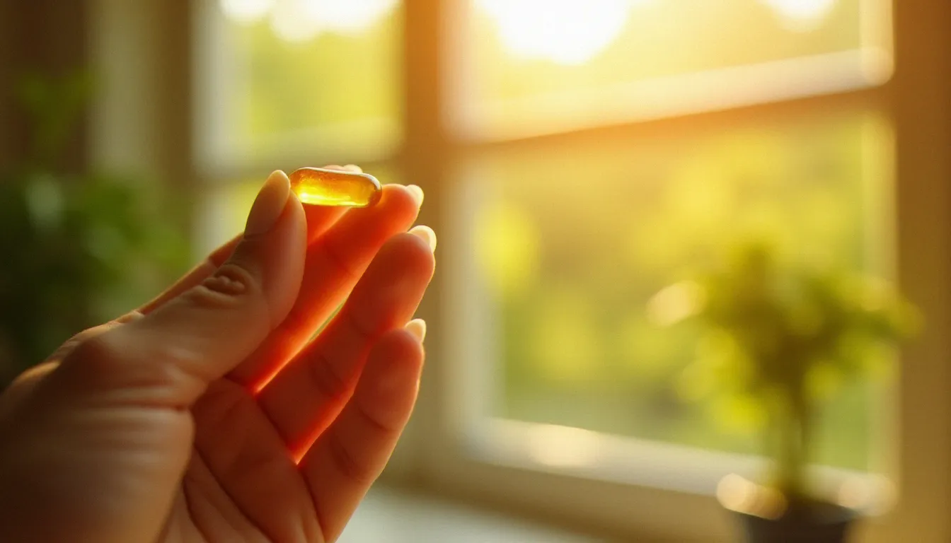 Gélule de complément alimentaire bronzage tenue à contre-jour devant une fenêtre ensoleillée, illustrant la préparation cutanée au soleil