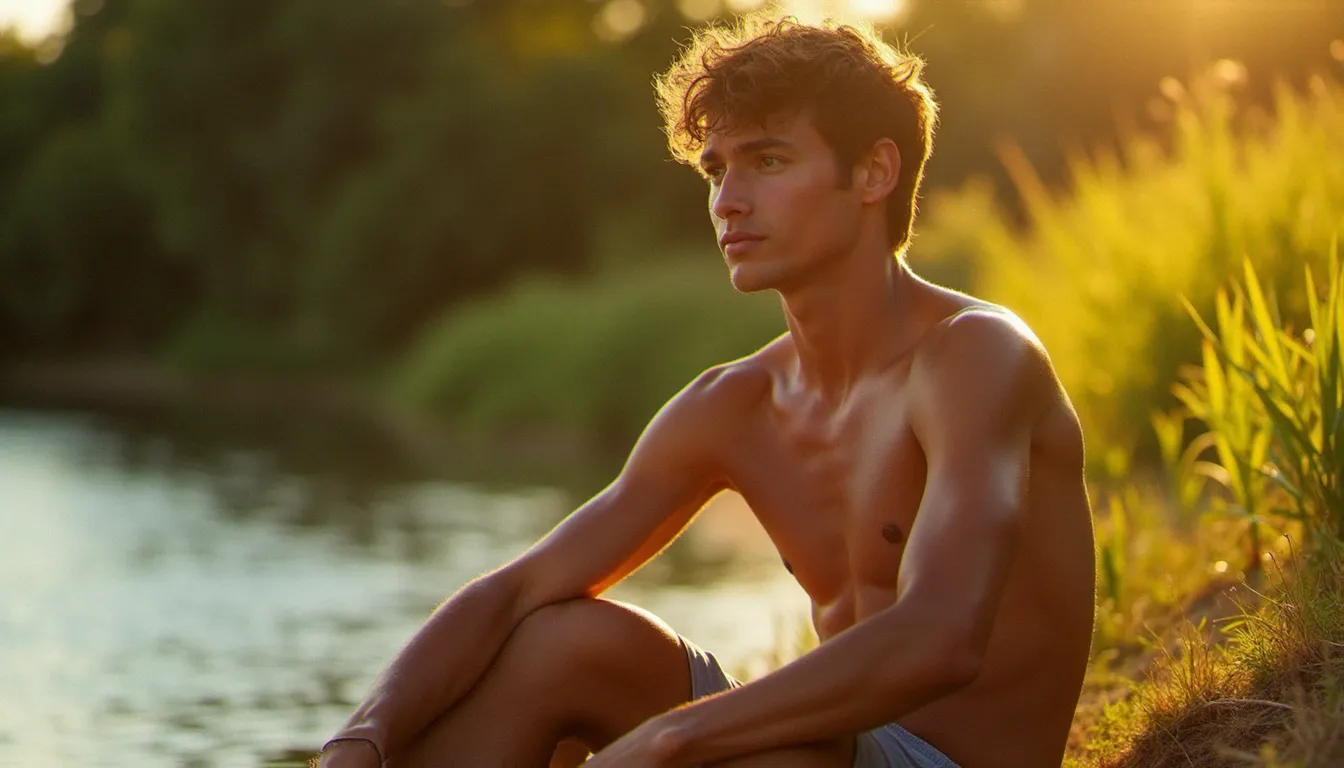 Homme profitant du soleil au bord d'une rivière en été, peau bronzée et lumineuse grâce à une bonne préparation avec des compléments alimentaires