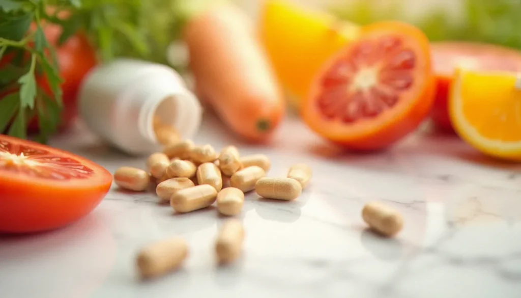 Gélules de compléments alimentaires bronzage disposées sur un fond blanc avec des aliments riches en caroténoïdes naturels comme la carotte et la tomate
