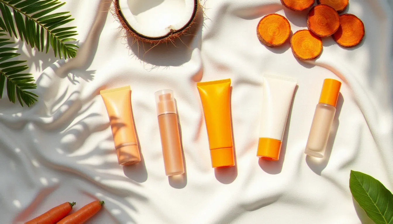 Comparatif de plusieurs crèmes solaires et accélérateurs de bronzage disposés sur une serviette de plage en lin blanc