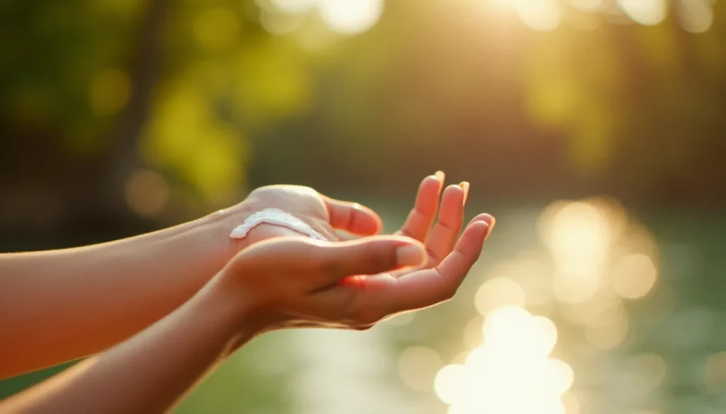 meilleure creme solaire accelerateur de bronzage featured Application d'une crème solaire accélérateur de bronzage sur la peau dorée d'une femme au bord d'une rivière ensoleillée