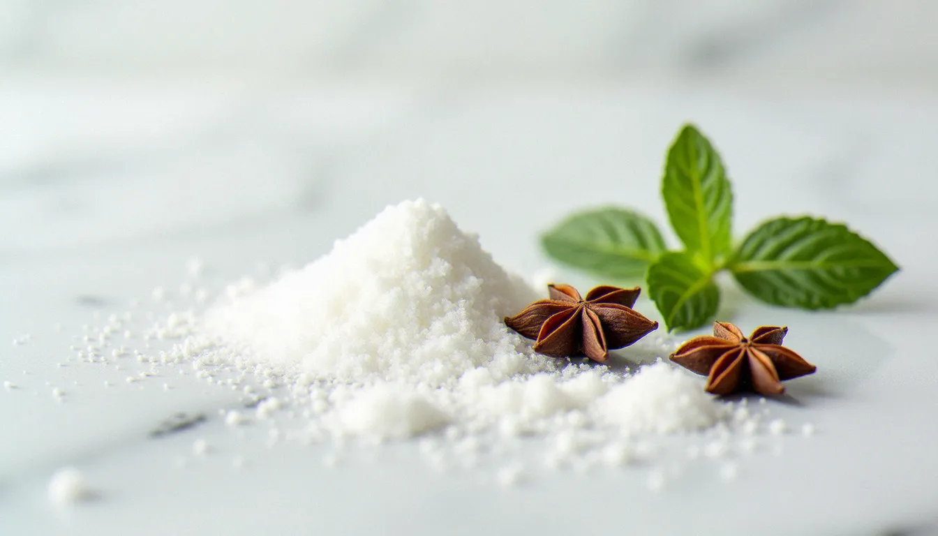 Ingrédients de la pastille de Vichy disposés sur marbre blanc : bicarbonate de sodium, feuilles de menthe fraîche, anis étoilé et sucre cristallisé