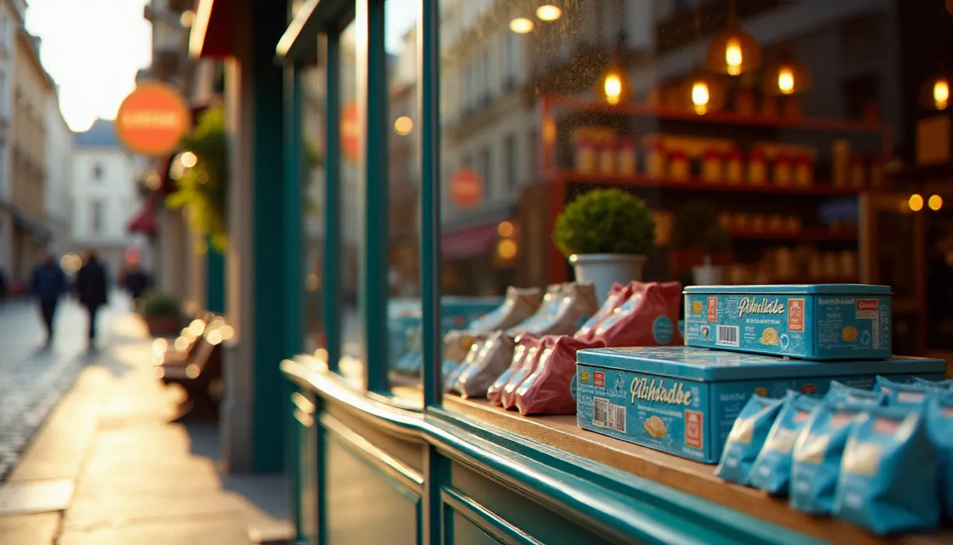 Vitrine d'une boutique de souvenirs à Vichy présentant des boîtes et sachets de pastilles de Vichy en bleu et blanc à la lumière dorée de l'après-midi