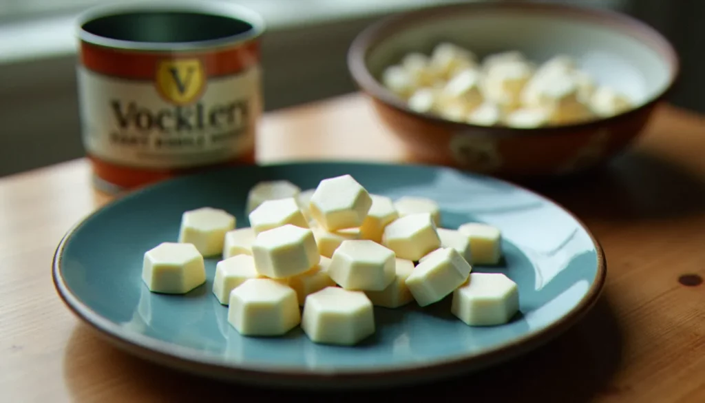 pastille vichy creee featured Pastilles de Vichy hexagonales disposées sur une assiette en céramique ancienne avec une boîte métallique traditionnelle en arrière-plan, illustrant la pastille Vichy créée au XIXe siècle