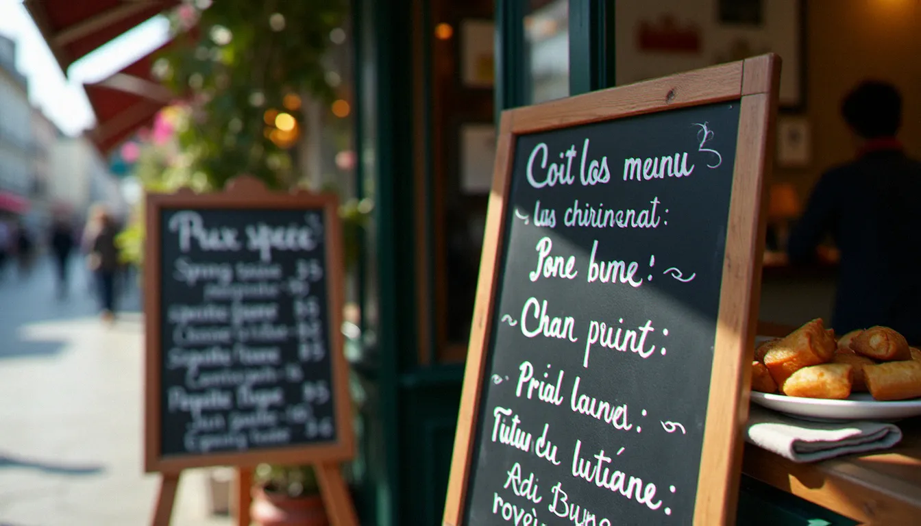 Ardoise menu déjeuner affichée devant un restaurant chinois à Vichy avec formules à prix fixe et dim sum visibles en devanture