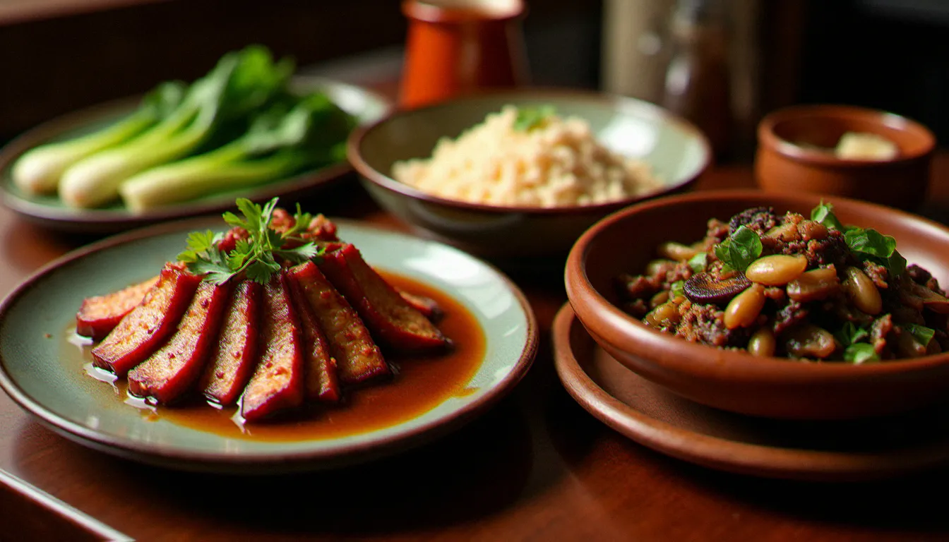 Assortiment de spécialités chinoises servies dans un restaurant à Vichy : canard laqué, bœuf aux champignons noirs et riz vapeur disposés en partage sur la table