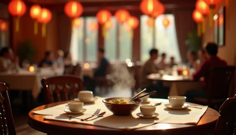 Salle d'un restaurant chinois à Vichy avec table dressée, lanternes rouges et soupe vapeur, illustrant l'ambiance et les prix accessibles de la cuisine chinoise locale