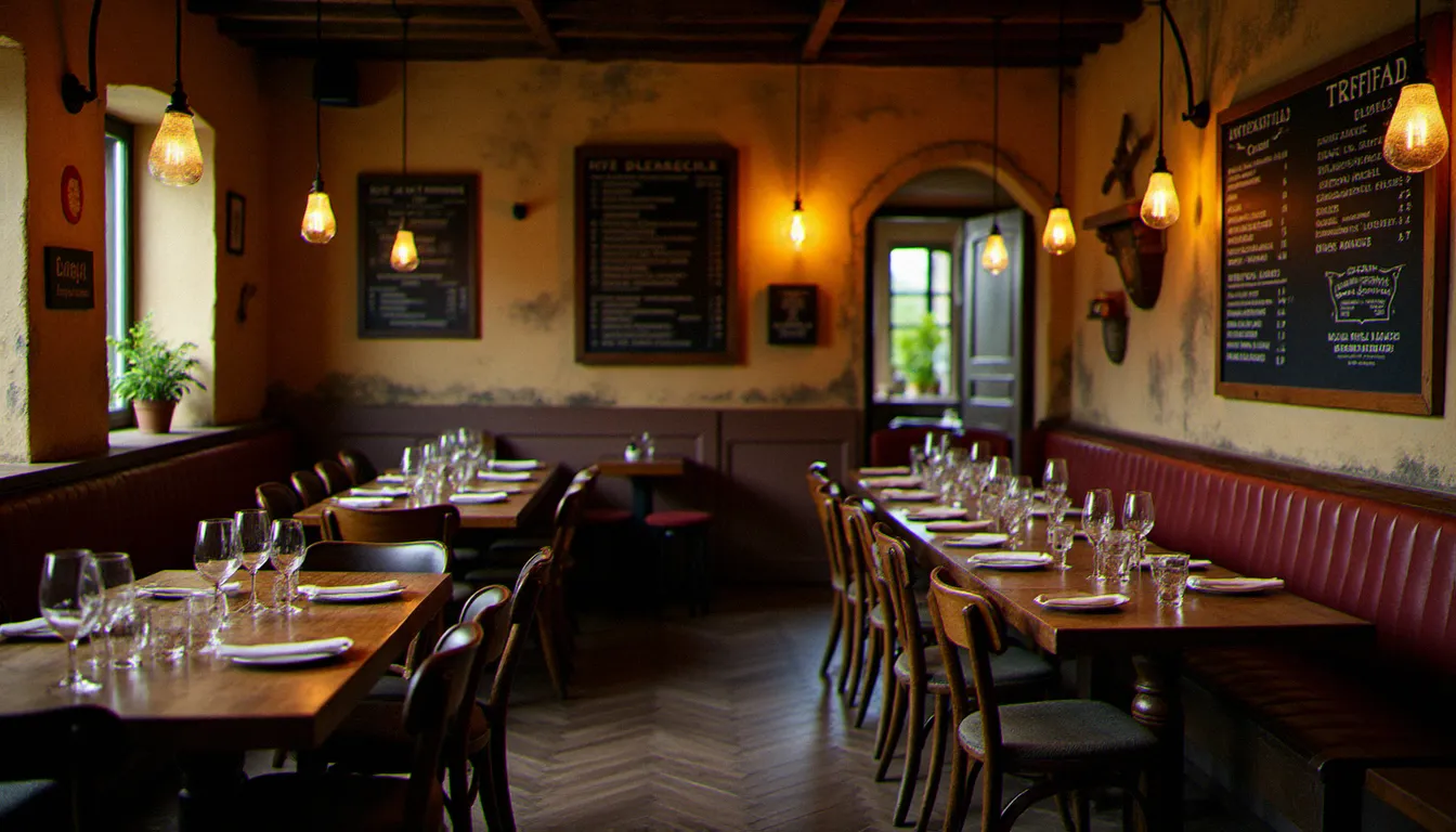 Intérieur chaleureux d'un bistrot auvergnat à Vichy avec ardoise des plats du jour et ambiance lumineuse tamisée