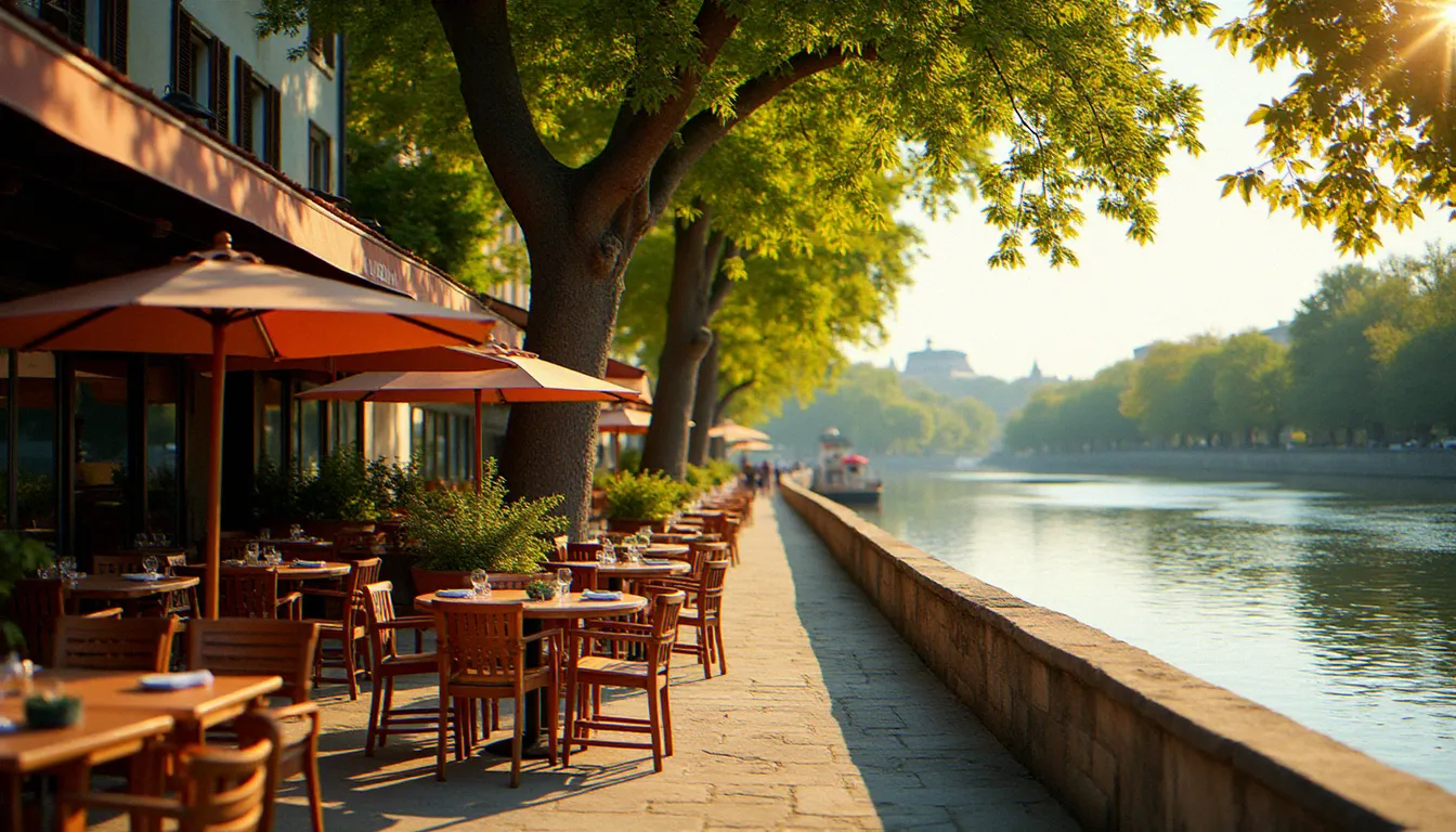 Terrasse de restaurant en bord d'Allier à Vichy un soir d'été, mobilier en bois, parasols colorés et reflets dorés sur la rivière