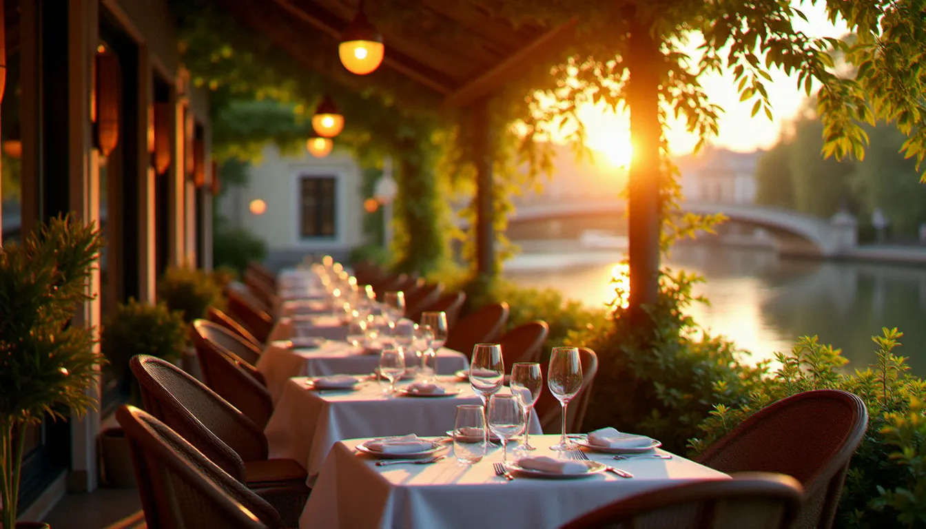 Terrasse d'un restaurant à Vichy au coucher du soleil avec vue sur l'Allier, tables dressées et architecture Belle Époque, idéal pour trouver un restaurant Vichy autour de moi
