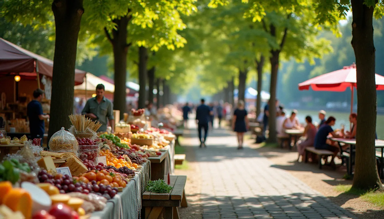 Marché de plein air le long de l'Allier à Vichy avec producteurs locaux proposant fromages et charcuteries pour pique-niquer à petit prix