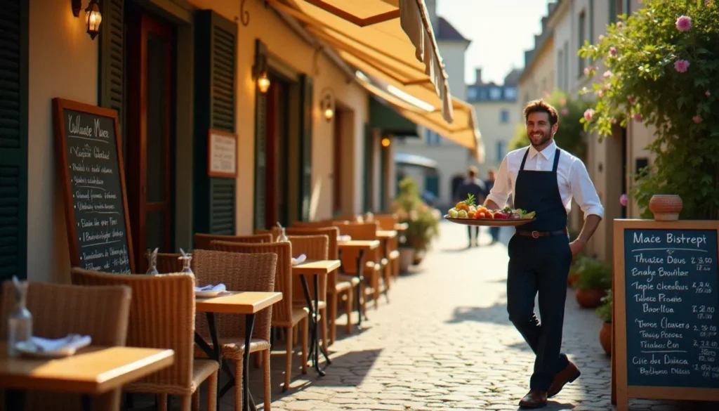 restaurant vichy pas cher featured Terrasse ensoleillée d'un bistrot pas cher à Vichy avec ardoise de menu extérieure et tables en bois