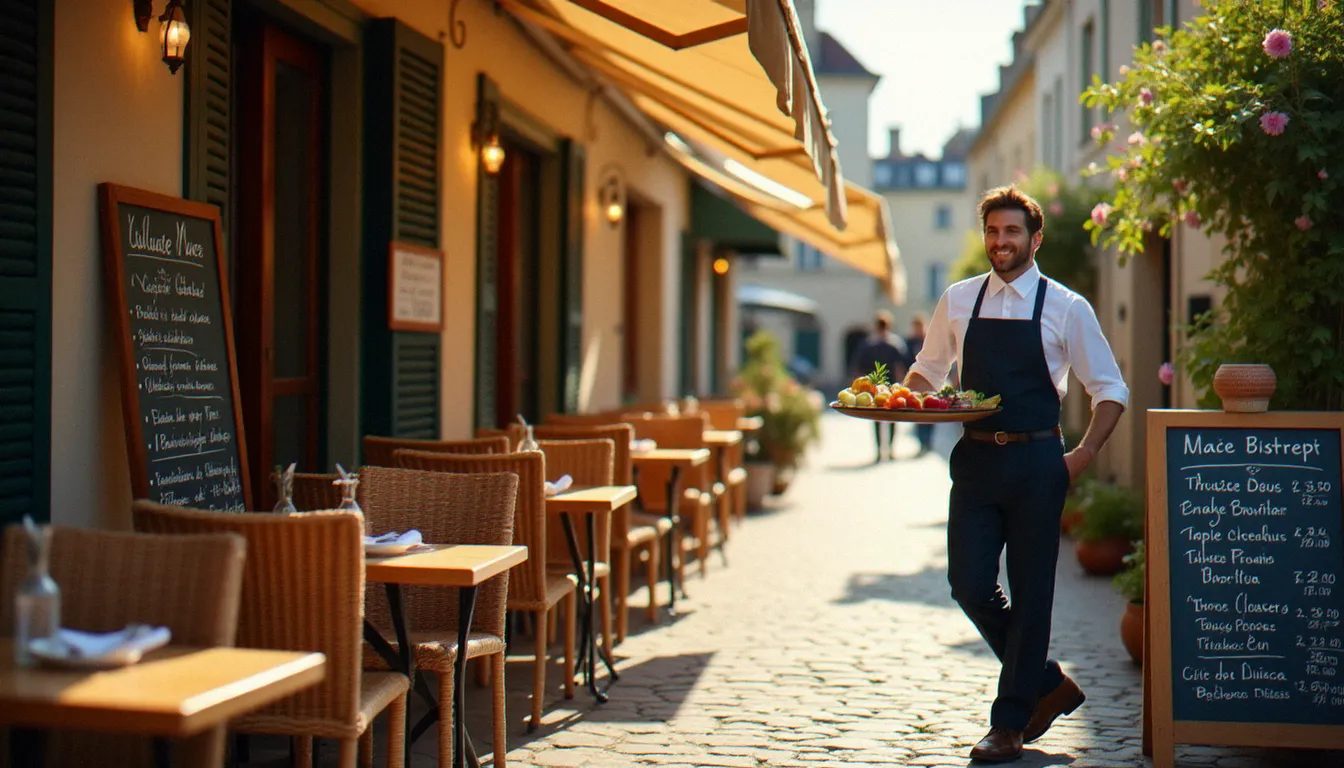Terrasse ensoleillée d'un bistrot pas cher à Vichy avec ardoise de menu extérieure et tables en bois
