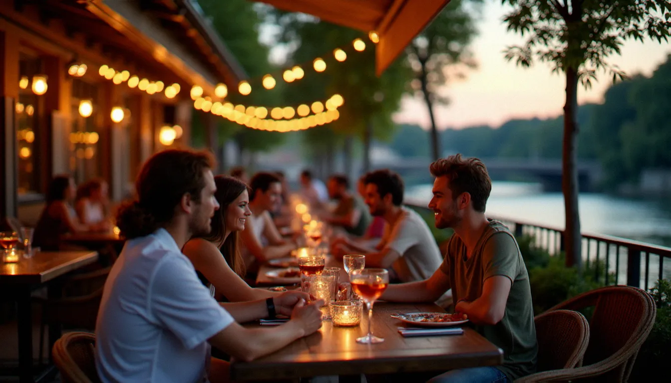 Terrasse animée d'un bar de Vichy en soirée avec des verres de cocktails et vue sur l'Allier, ambiance idéale pour sortir le week-end