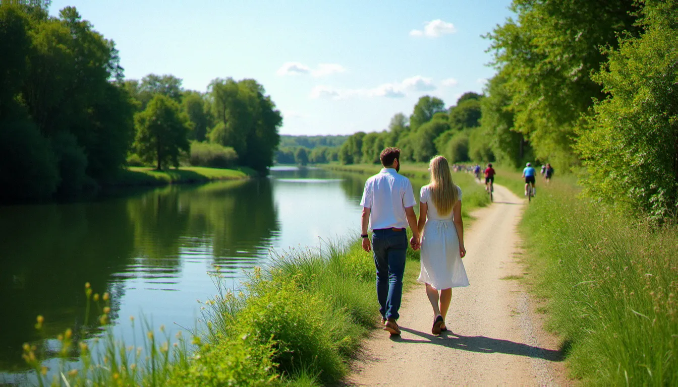 Promenade en couple sur les bords de l'Allier à Vichy lors d'un week-end ensoleillé, voie verte aménagée avec végétation luxuriante