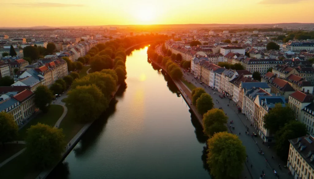 sortir a vichy ce week end featured Vue aérienne de Vichy au coucher du soleil avec les bords de l'Allier illuminés, idéal pour sortir à Vichy ce week-end