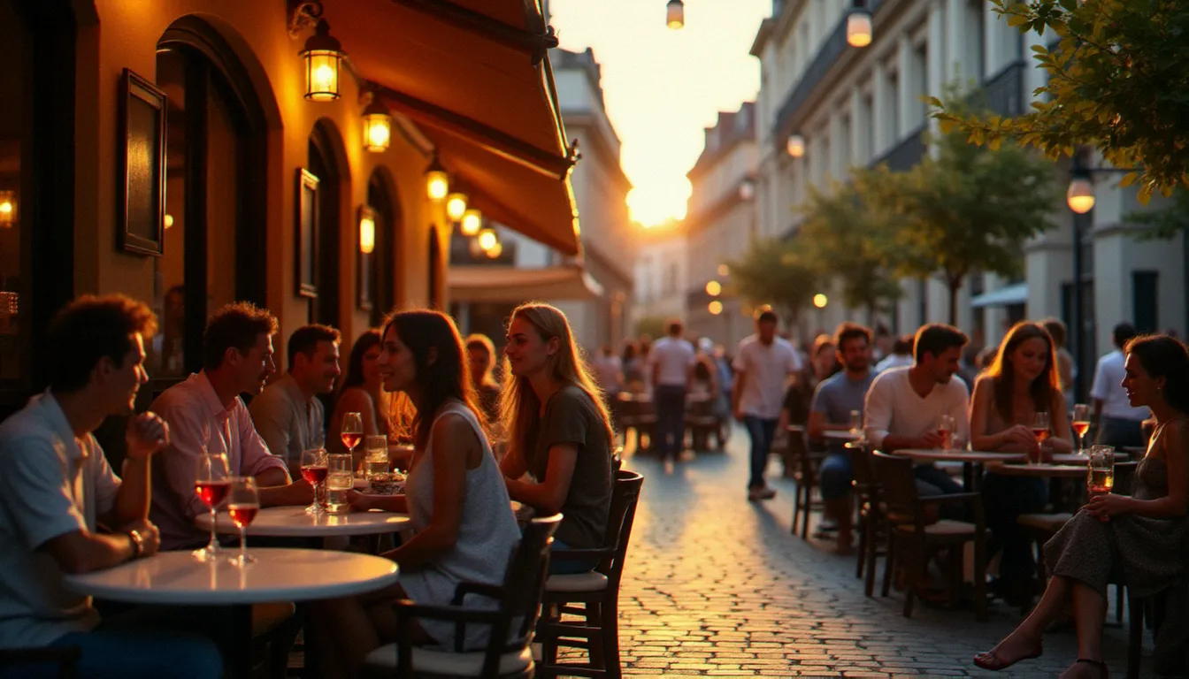 Terrasse animée d'un bar du centre de Vichy en soirée d'été, avec des clients attablés sous des guirlandes lumineuses