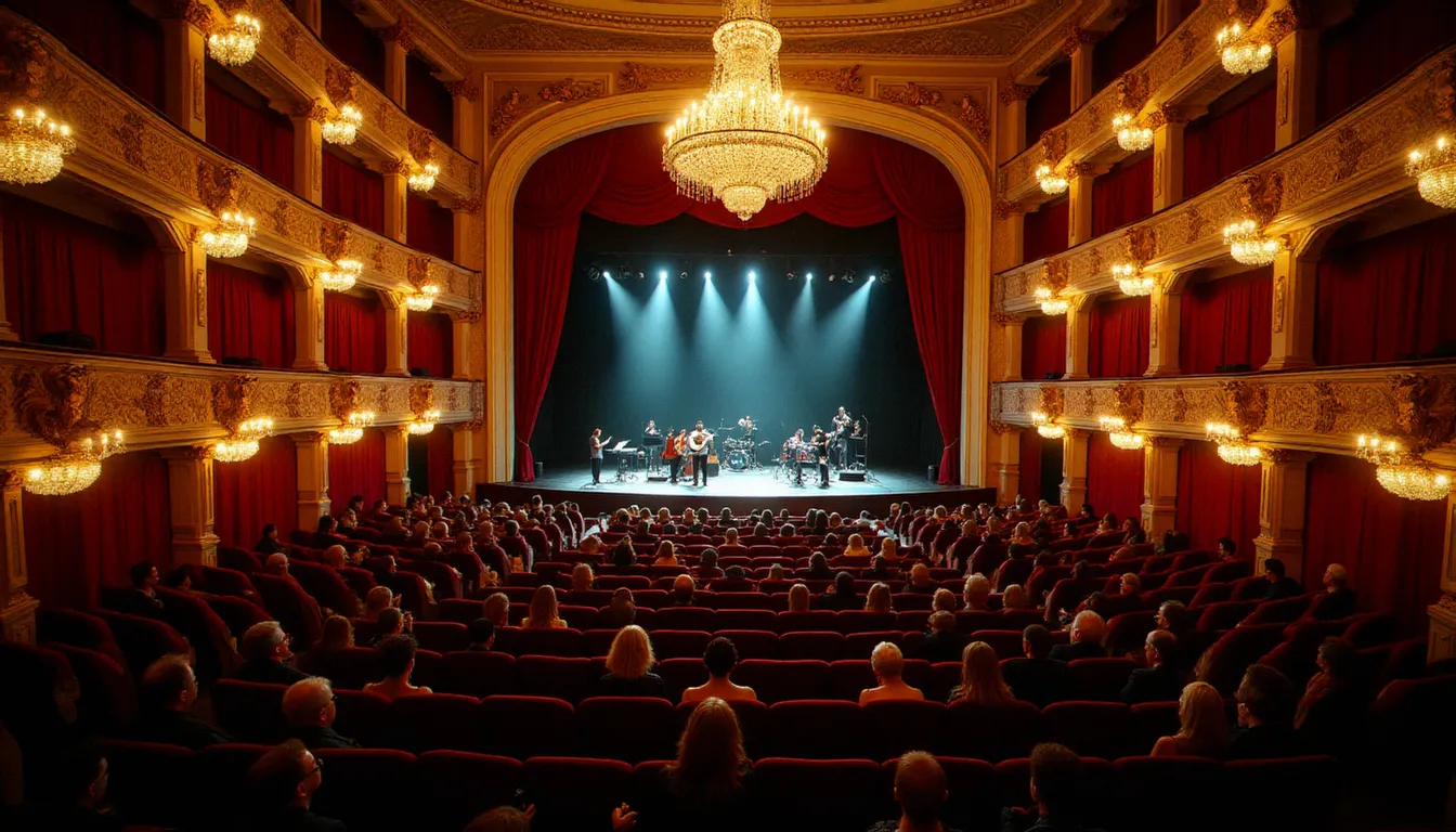Salle de l'Opéra de Vichy lors d'un concert du soir, architecture Belle Époque dorée et public en tenue de soirée
