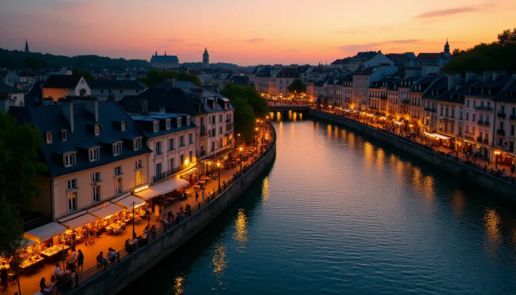 sortir a vichy le soir featured Vue aérienne de Vichy au coucher du soleil avec les terrasses animées en bord d'Allier, idéal pour sortir à Vichy le soir