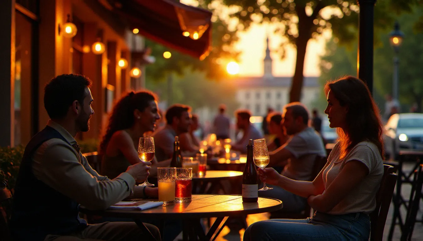 Bar en terrasse à Vichy en soirée, clients attablés pour l'apéritif près du parc des Sources