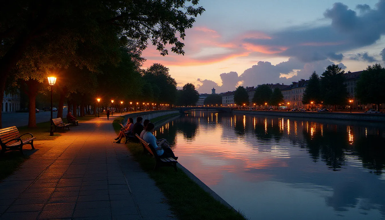 Berges de l'Allier à Vichy en soirée d'été, promenade éclairée et reflets lumineux sur l'eau