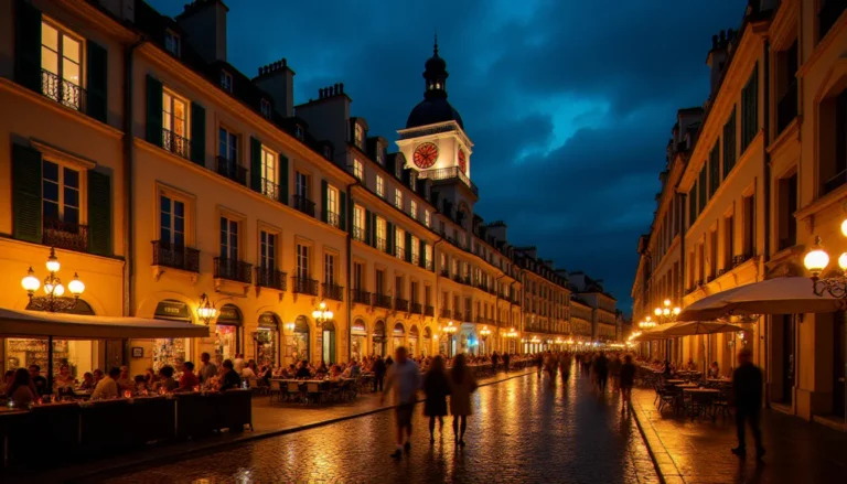 Sortir à Vichy le soir : terrasse animée et architecture Belle Époque illuminée du centre-ville