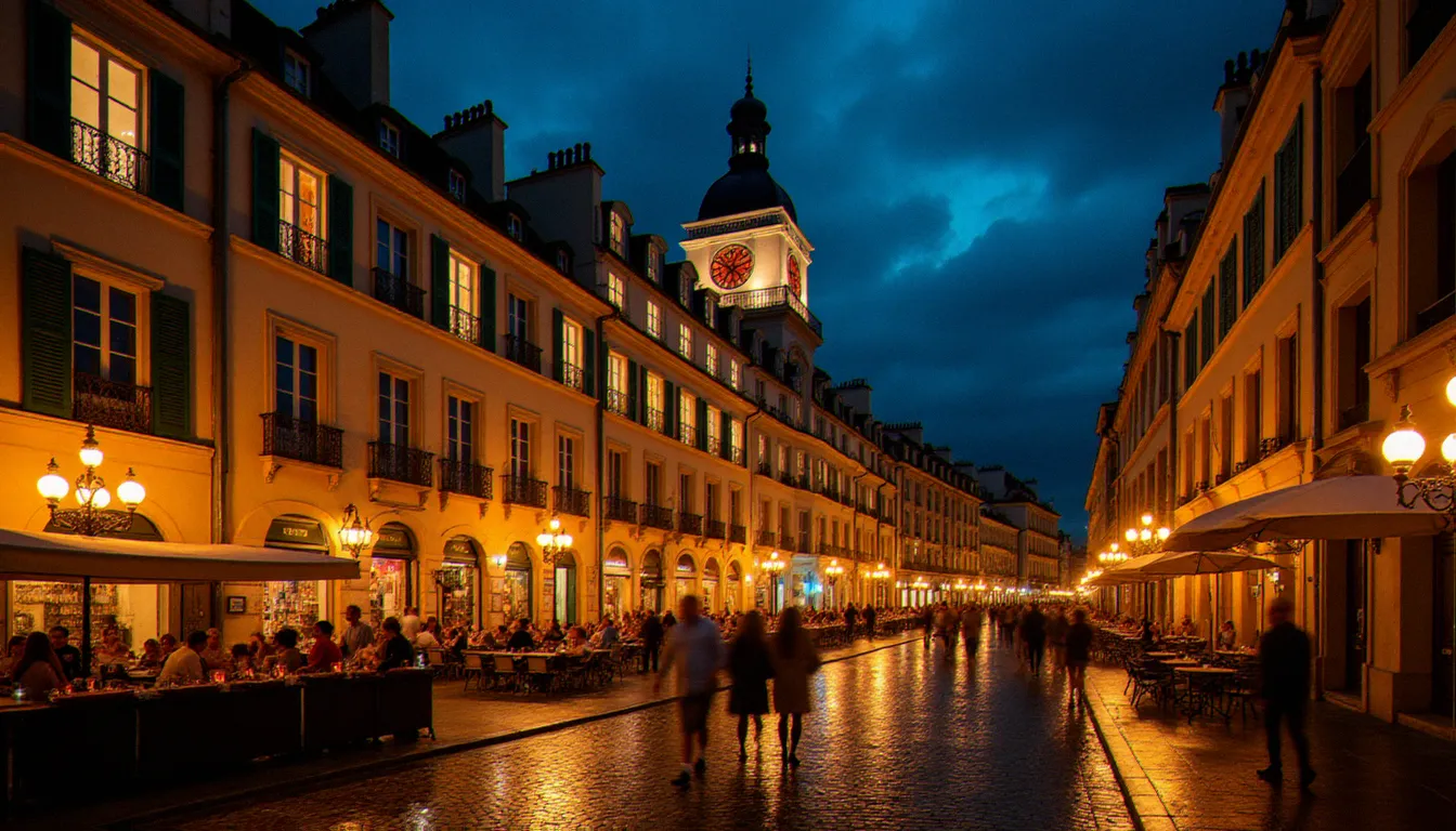 Sortir à Vichy le soir : terrasse animée et architecture Belle Époque illuminée du centre-ville