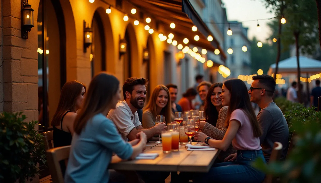 Terrasse animée d'un bar du centre de Vichy un vendredi soir, jeunes adultes attablés autour de cocktails sous des guirlandes lumineuses