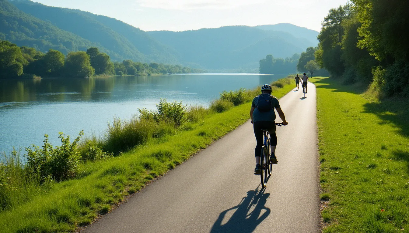 Cycliste sur la piste longeant l'Allier à Vichy un samedi matin ensoleillé, berges verdoyantes et eau calme pour une sortie nature le week-end