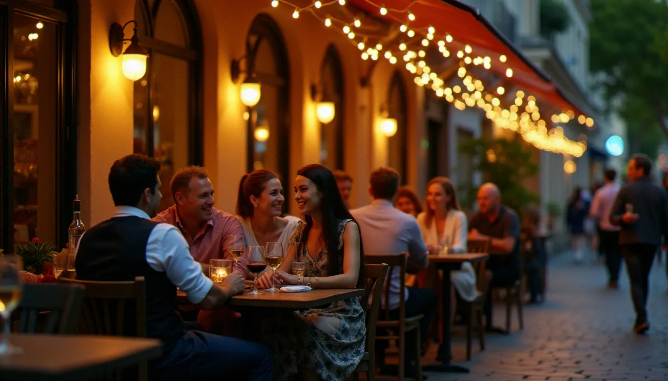 Terrasse animée d'un bar à cocktails du centre-ville de Vichy un samedi soir, clients attablés sous des guirlandes lumineuses dorées