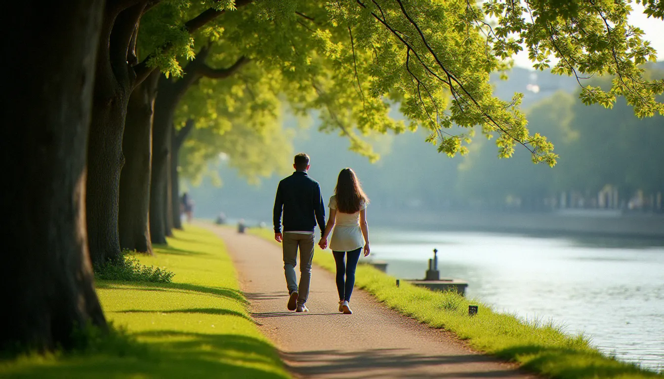 Couple se promenant le long des berges de l'Allier à Vichy un dimanche matin ensoleillé, sous les arbres de la promenade verte