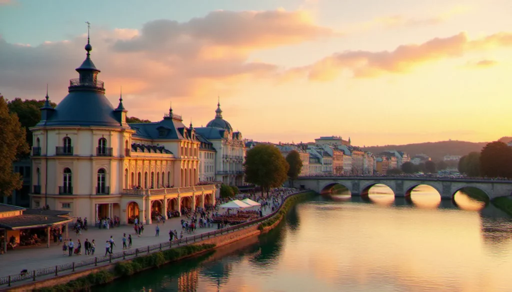 sortir vichy week end featured Vue panoramique du centre de Vichy au coucher du soleil un soir de week-end d'été, avec les terrasses animées et le bâtiment Belle Époque du casino pour illustrer les sorties à Vichy le week-end