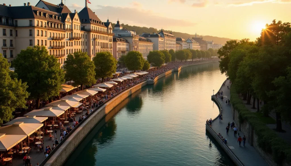 sortir vichy week featured Vue aérienne de Vichy le week-end au coucher du soleil, terrasses animées en bord d'Allier et architecture Belle Époque pour sortir à Vichy le week-end