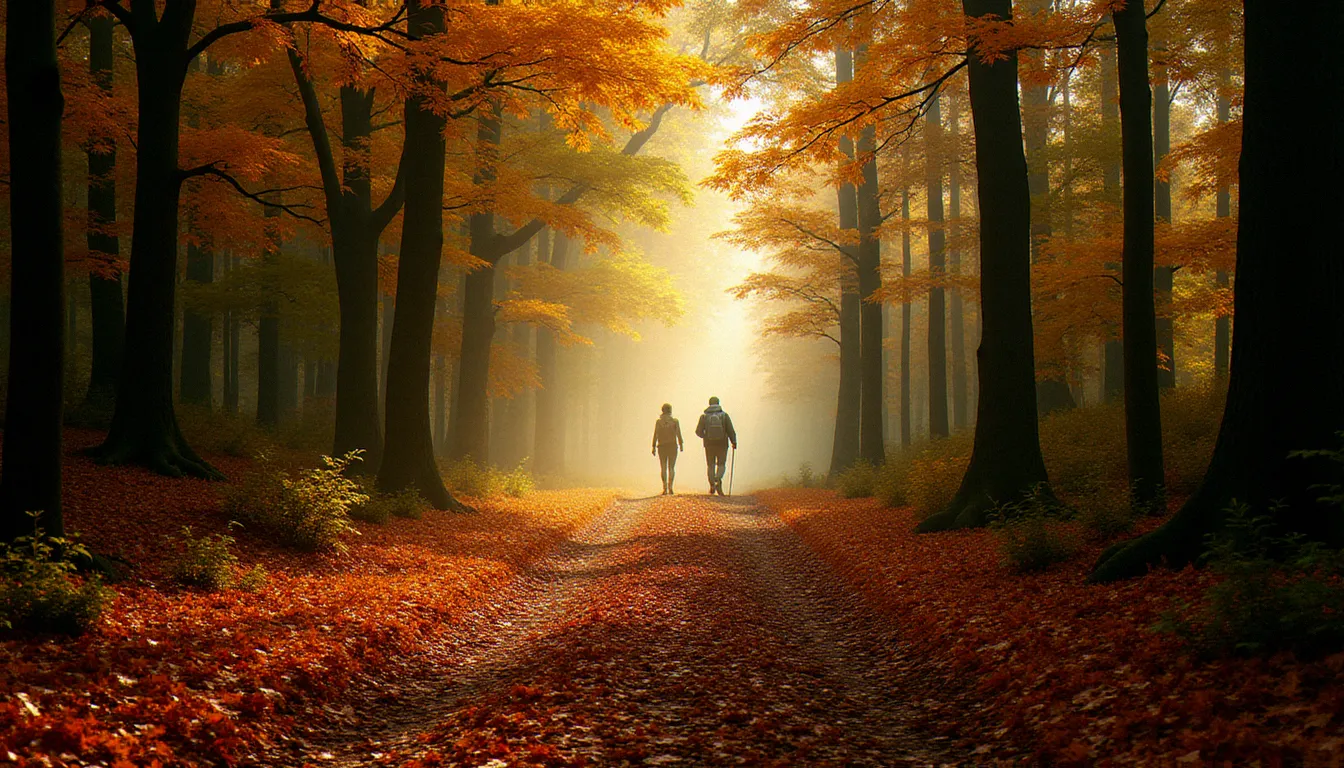 Sentier en forêt de Randan en automne près de Vichy, avec les feuilles dorées et la lumière matinale filtrant entre les arbres, excursion nature en Auvergne