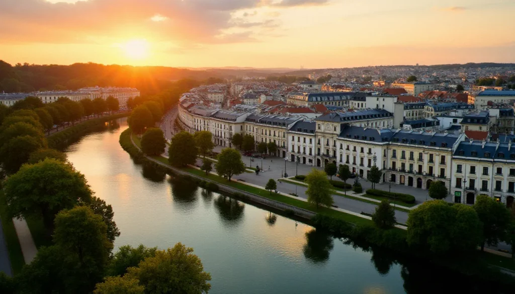 tourisme a vichy et auvergne featured Vue aérienne du centre-ville de Vichy au coucher du soleil, avec l'architecture Belle Époque et les bords de l'Allier illustrant le tourisme à Vichy et en Auvergne