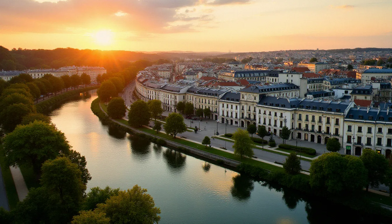 Vue aérienne du centre-ville de Vichy au coucher du soleil, avec l'architecture Belle Époque et les bords de l'Allier illustrant le tourisme à Vichy et en Auvergne