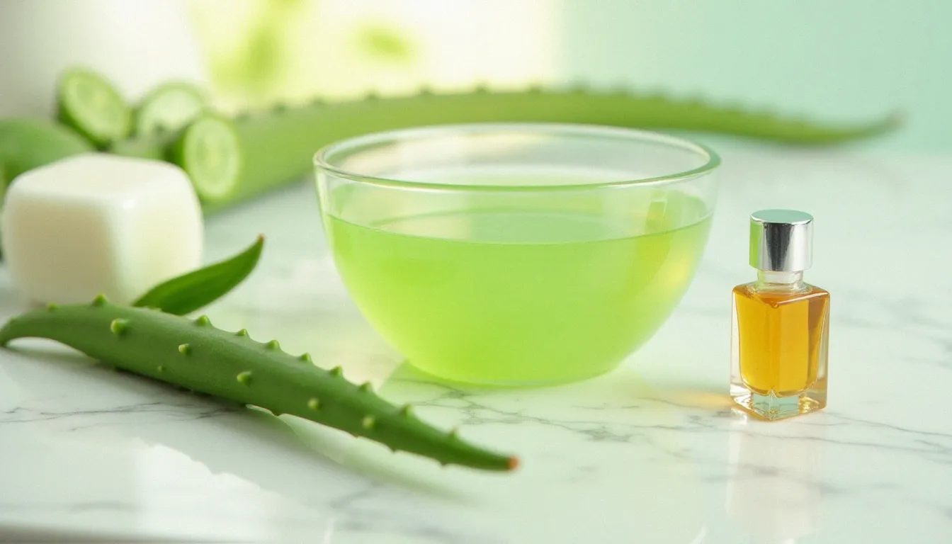 Bol de gel d'aloé vera frais et feuilles d'aloé découpées sur marbre blanc, soins naturels pour apaiser un coup de soleil et favoriser le bronzage
