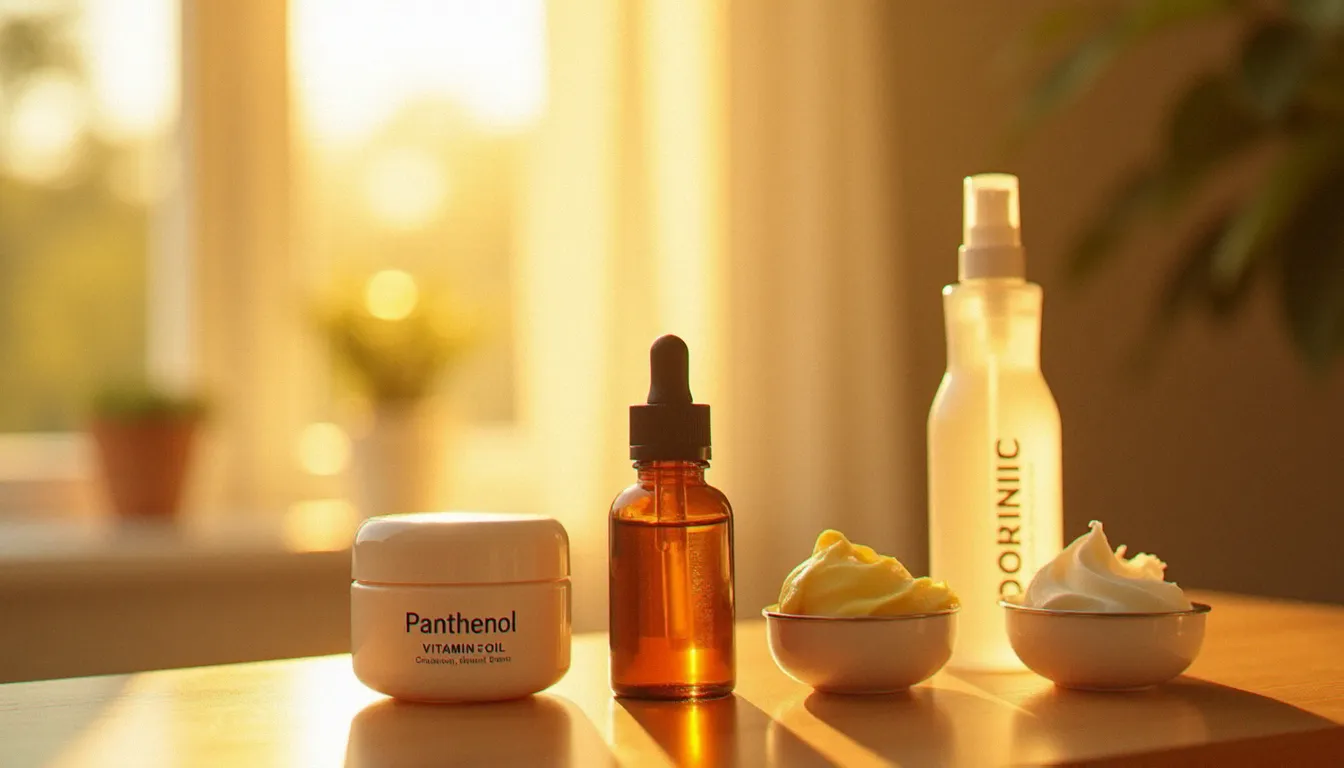 Soins réparateurs post-soleil alignés sur bois — crème au panthénol, huile vitamine E et beurre de karité, les actifs essentiels pour garder le bronzage après un coup de soleil