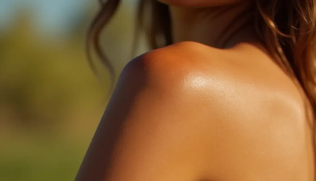 transformer coup de soleil en bronzage featured Épaule féminine montrant la transition d'un léger coup de soleil rouge vers un bronzage doré uniforme — illustrant comment transformer un coup de soleil en bronzage avec les bons soins