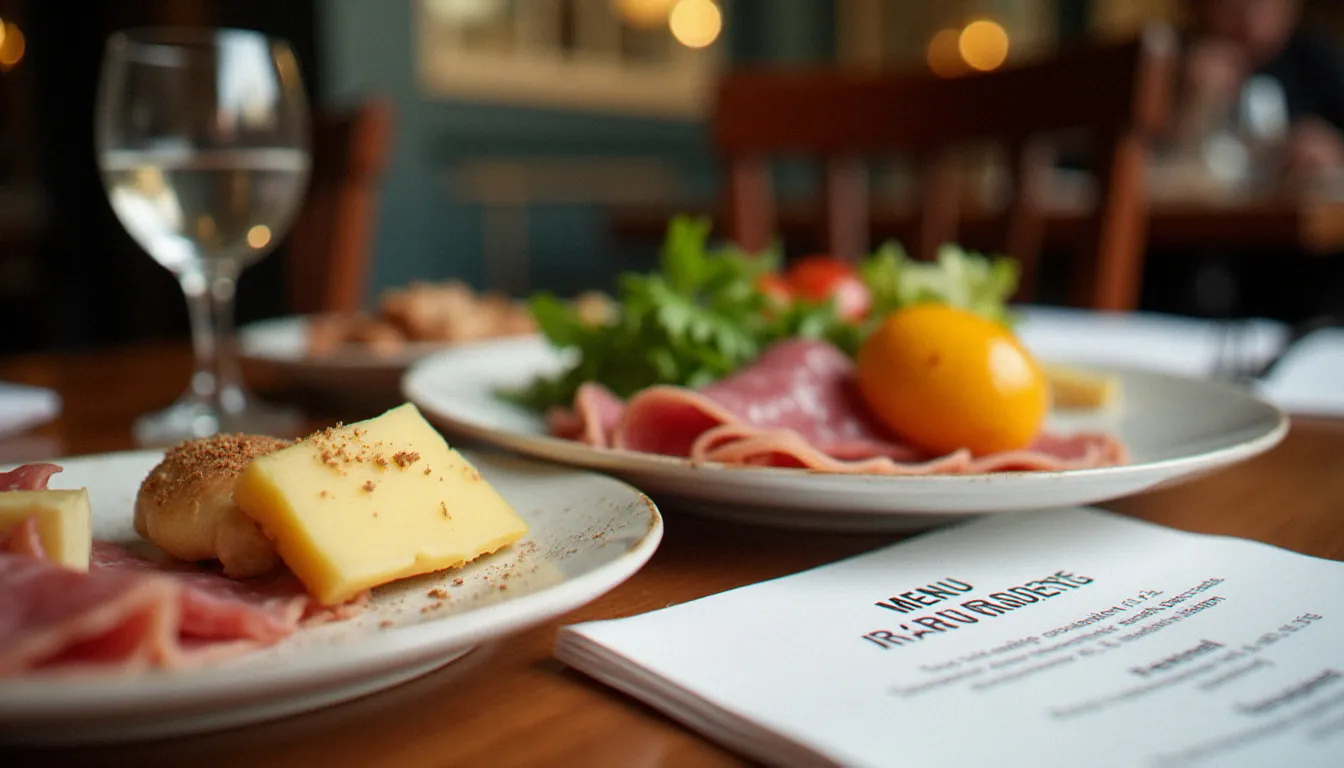 Assiette charcuterie-fromage auvergnate sur une table de brasserie à Vichy, exemple de repas pas cher en ville