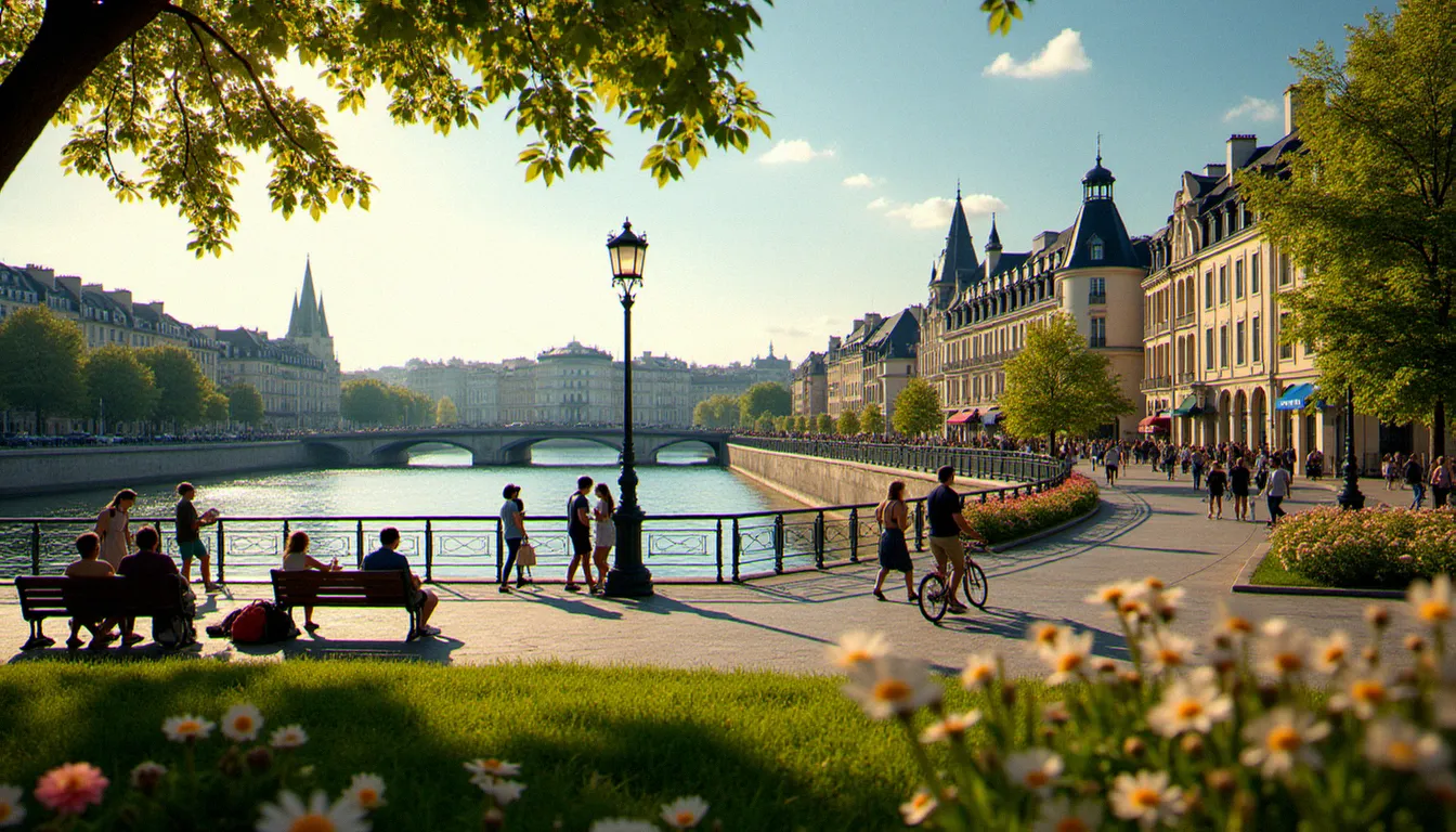 Vue sur le parc de l'Allier à Vichy avec promeneurs et façades Art Déco, illustration d'une escapade à Vichy pas cher