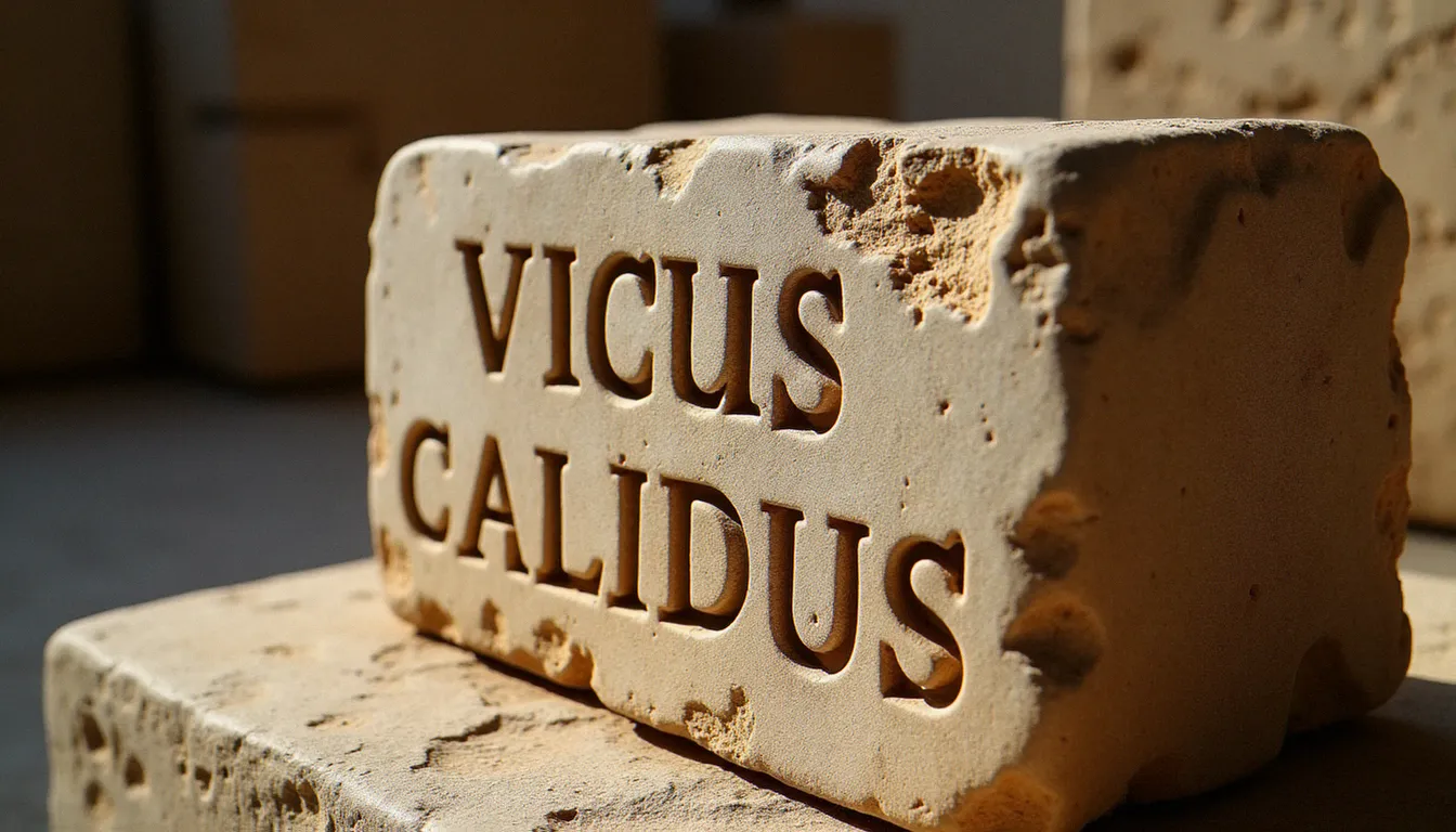 Pierre gravée d'époque romaine avec l'inscription Vicus Calidus, étymologie latine à l'origine du nom Vichy, dans un contexte archéologique