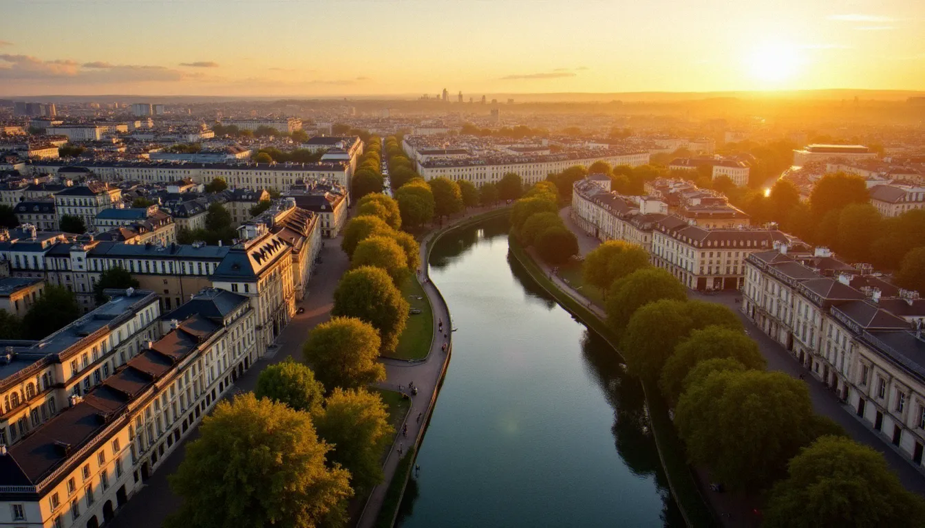 Vue aérienne de Vichy au coucher du soleil, illustrant la ville prononcée et appelée 