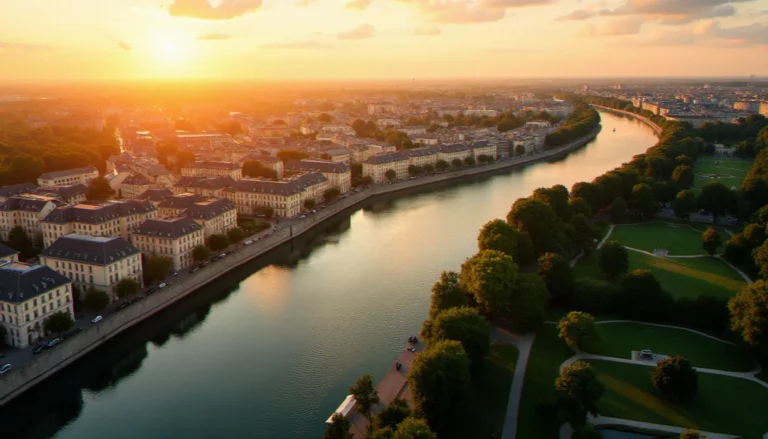 Vue panoramique de Vichy en week end au coucher du soleil, berges de l'Allier et architecture Belle Époque en arrière-plan