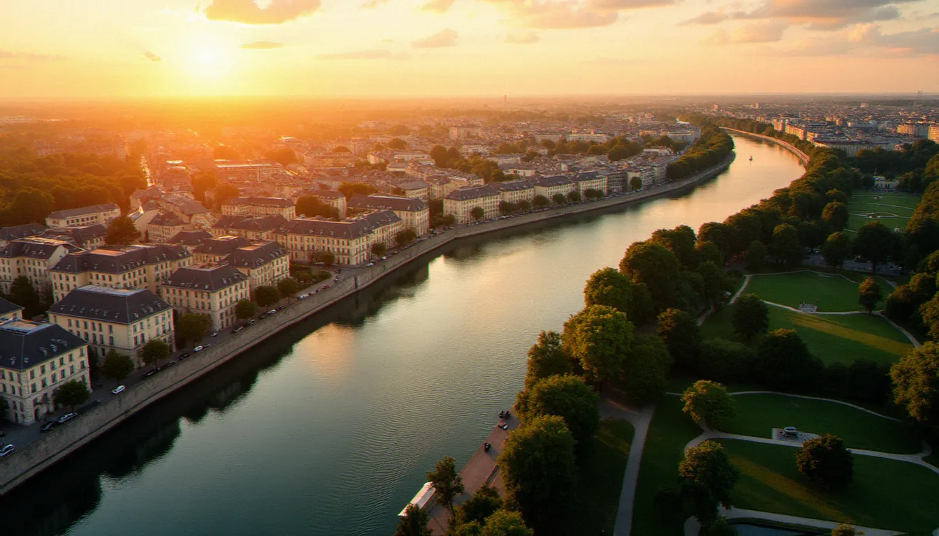 Vue panoramique de Vichy en week end au coucher du soleil, berges de l'Allier et architecture Belle Époque en arrière-plan