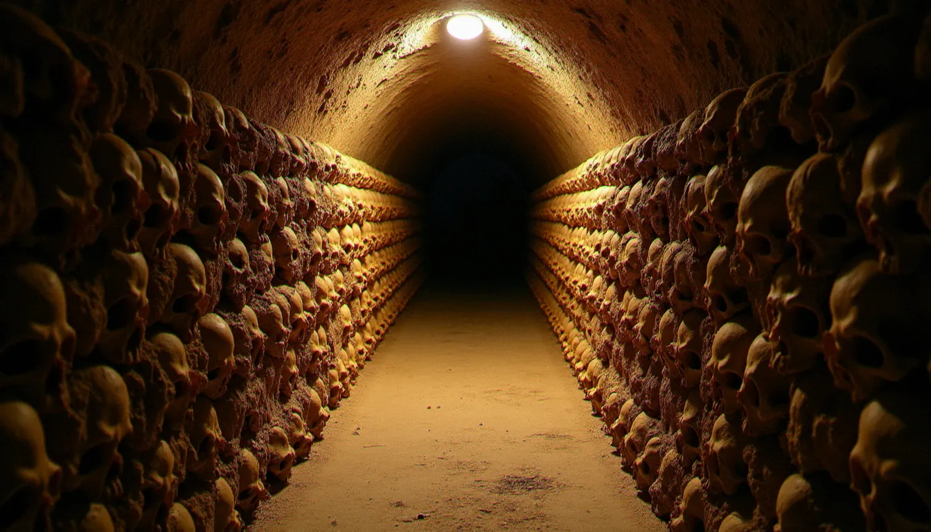 Couloir des Catacombes de Paris dans le 14e arrondissement, ossuaire souterrain avec crânes et ossements disposés le long des parois en pierre