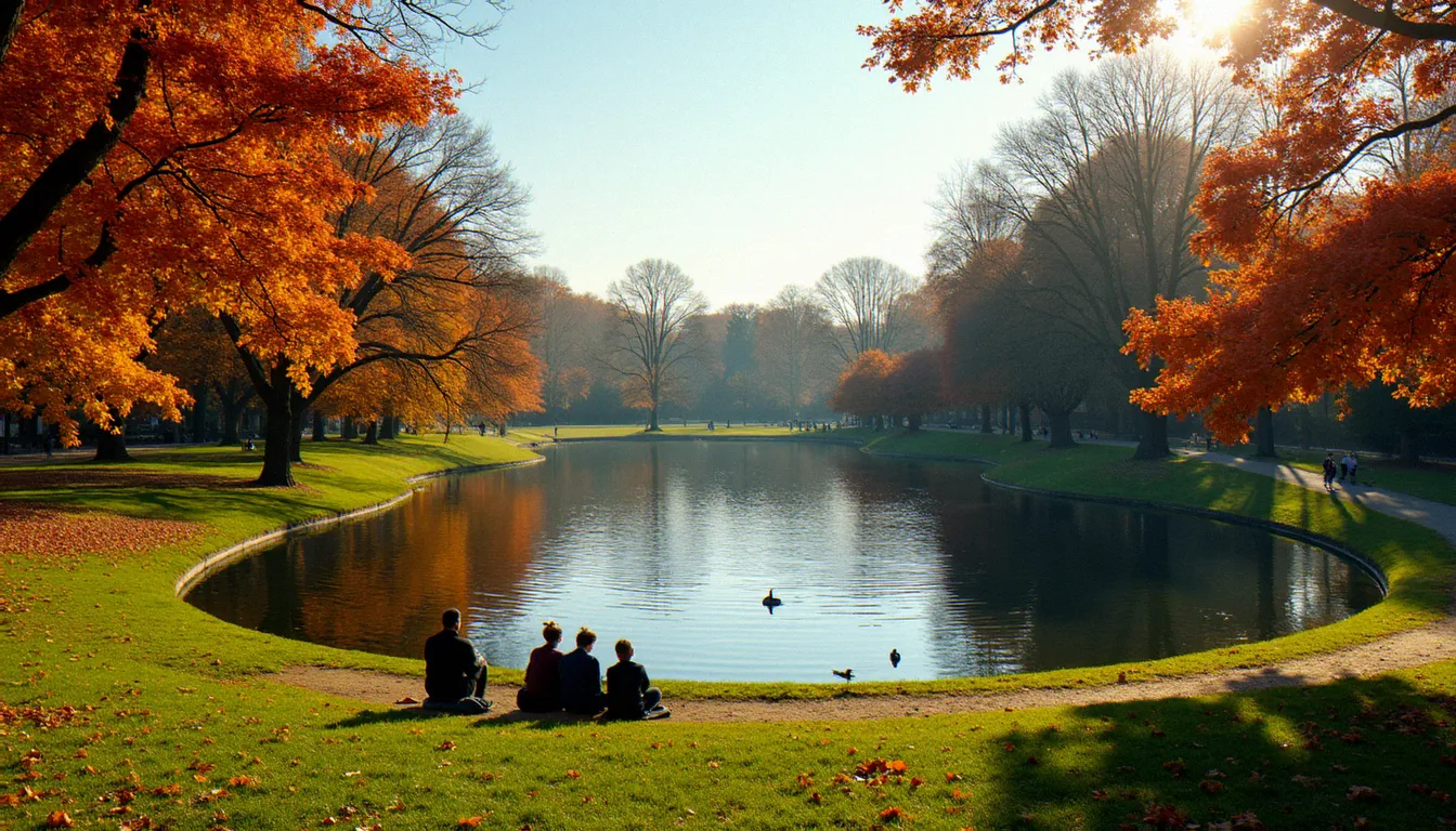 Le lac du Parc Montsouris dans le 14e arrondissement de Paris en automne, reflets des arbres aux couleurs dorées sur l'eau calme, familles en promenade sur les pelouses