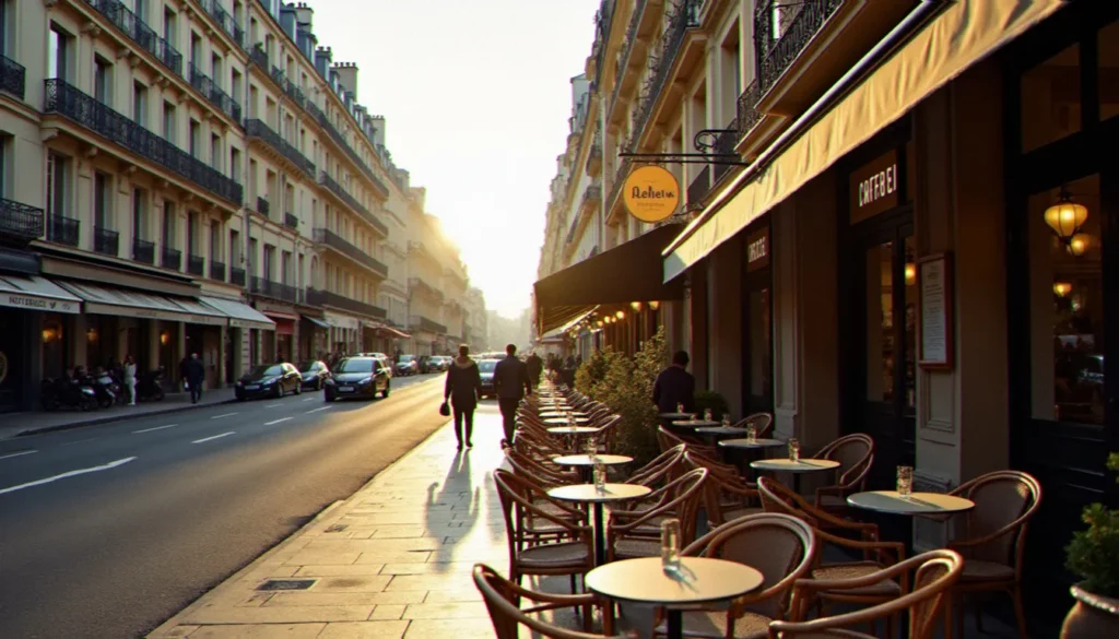 14e arrondissement de paris featured Vue du Boulevard du Montparnasse dans le 14e arrondissement de Paris, terrasse de café animée au pied d'immeubles haussmanniens sous la lumière matinale