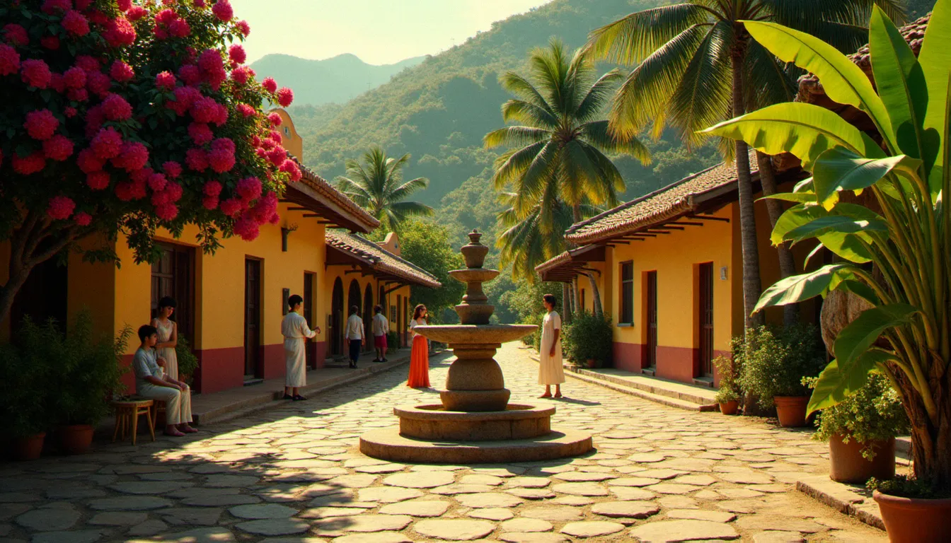 Village tropical latino-américain des années 1960 avec maisons colorées et végétation luxuriante, évoquant l'univers de Macondo dans Cent ans de solitude de García Márquez